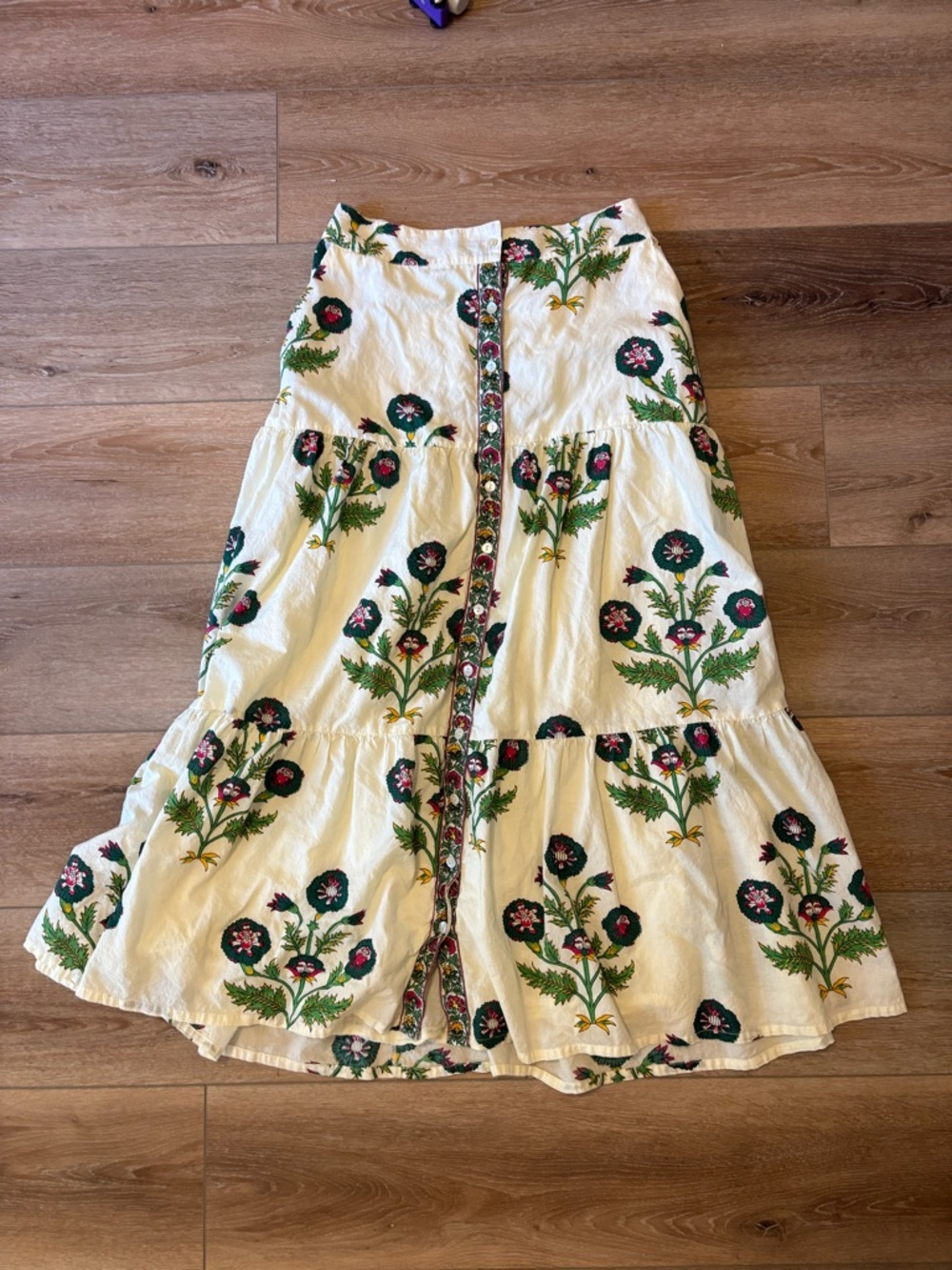 Embroidered White Floral Tiered Maxi Skirt